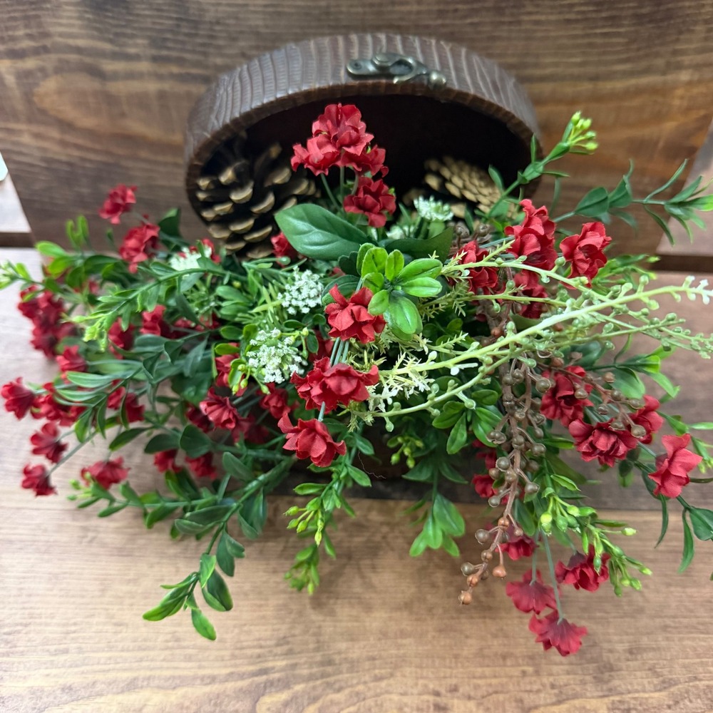 Floral Arrangement in Faux Crocodile Oval Box Red Floral Pinecones Decor Vintage